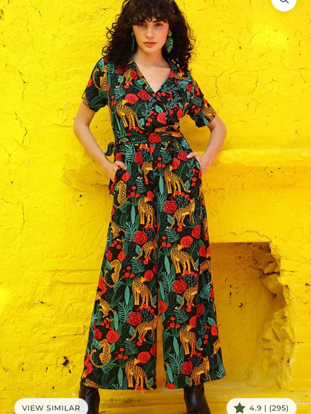 Wide Leg Jumpsuit in Black with Red & Green Print